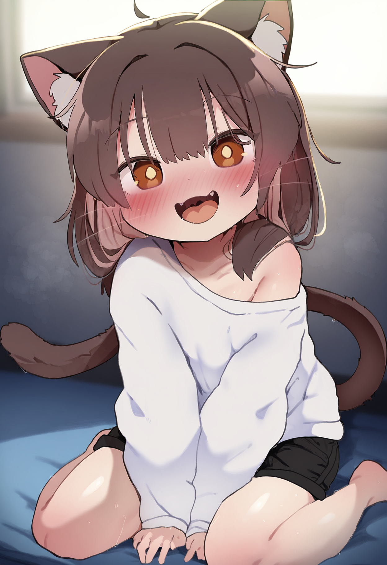 00655-3012755809-dagstyle, 1girl, solo, cat girl, cat ears, cat tail, brown hair, brown eyes, white sweater, off shoulder, shorts, looking at vie.png